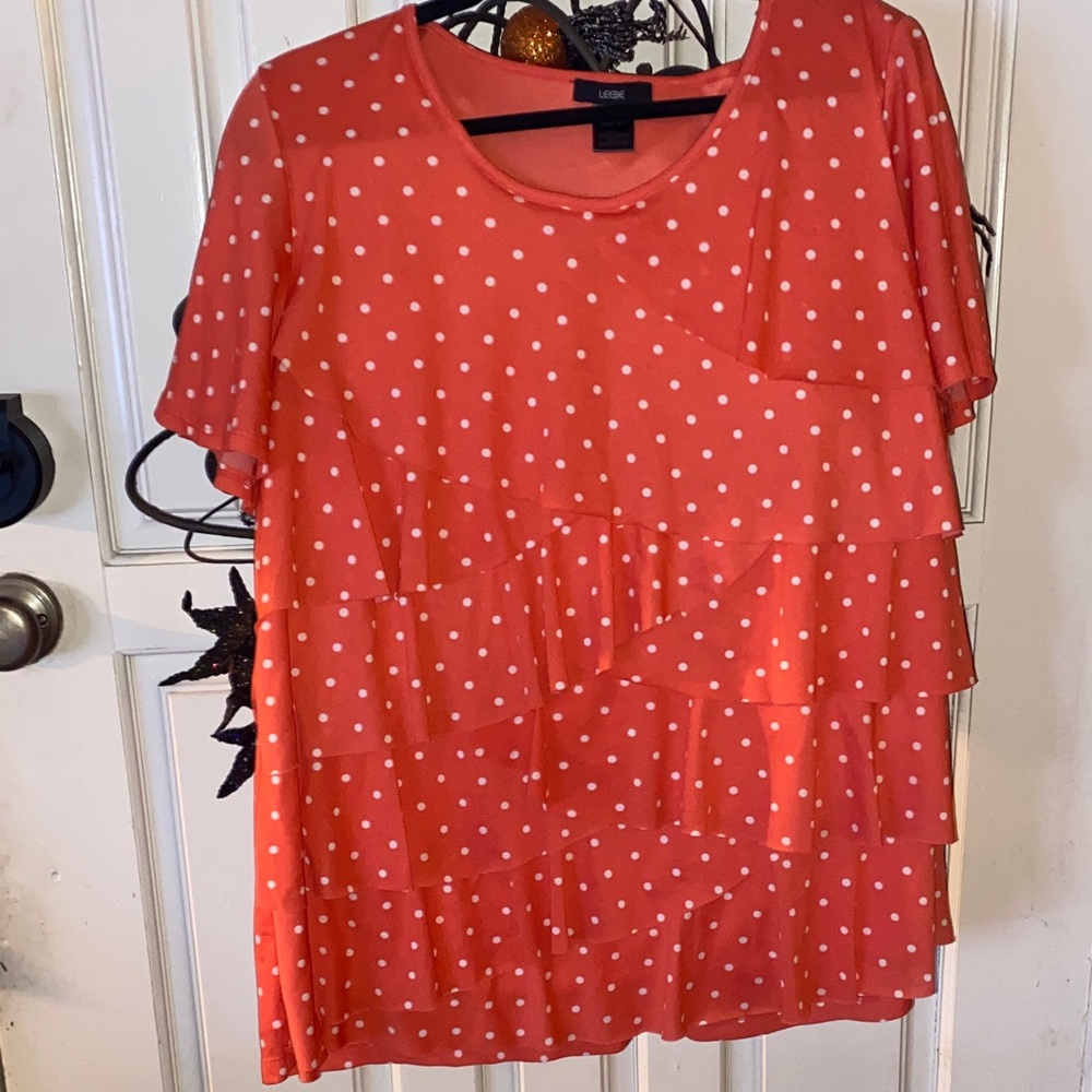 LEEBE Women's Coral Ruffle Polka Dot Blouse